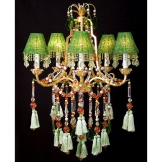 Green Beads and Gold Finish Five Light Chandelier   #G7410