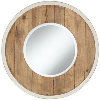 Distressed White and Natural Wood 30" Round Wall Mirror   #X5874