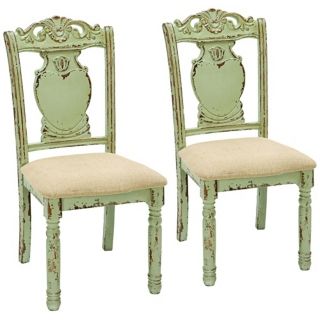 Set of 2 Pale Moss Green Wood Fabric Chairs   #Y2600