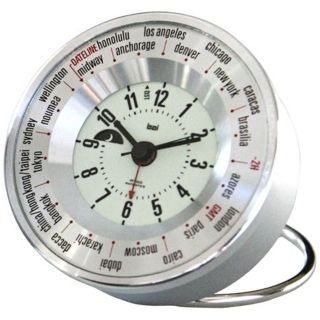 Silver White Globe Trotters Self Set World Time Alarm Clock   #V8607