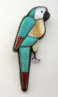 Vintage Zuni Signed Leland Kamasee Parrot Pin Pendant Etched Inlay