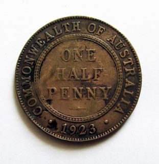 Australia 1923 King George V RARE Key Date Bronze Half Penny Coin