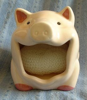 New Ceramic Smiling Pink Pig Kitchen Scrubber Sponge Holder w Scrubbie