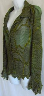 Komarov Pleated Crinkle Semi Sheer Green L Button Down Shirt Blouse