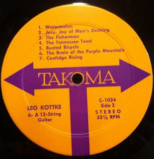 Leo Kottke 6 12 String Guitar LP VG C 1024 Orange Label 1969 Record