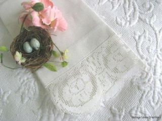 Fine Filet Lace Roses Romantic Chic White Vintage Linen Towel