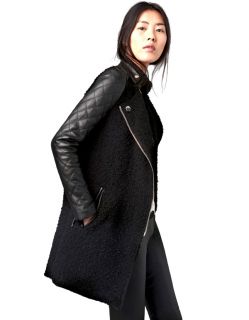 Zara Black Boucle Coat with Leather Sleeves Size L
