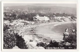 Laguna Beach CA Panoramic Beach Scene Swimmers Hotel c1940s Old