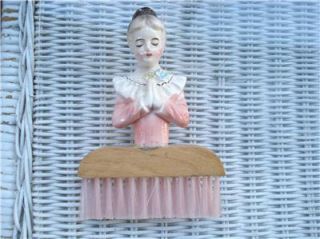Vintage Enesco Pink Kitchen Prayer Lady Wisk Broom Brush