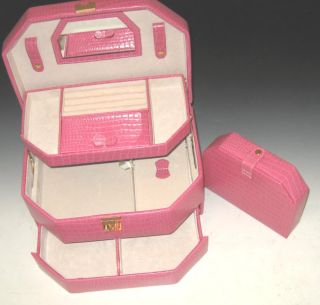New Pink Fuchsia Leather Large Jewelry Box w Travel Case