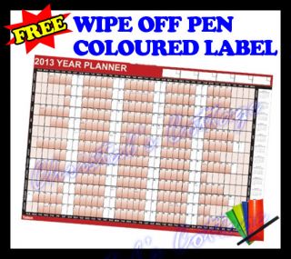 2013 A1 Laminated Calendar Year Wall Planner Free Pen Label Sticker