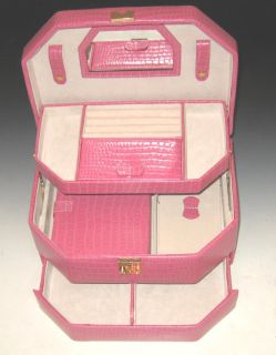New Pink Fuchsia Leather Large Jewelry Box w Travel Case