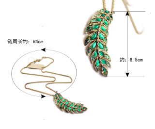 Peacock Green Rhinestone Leaf Pendant Chain Necklaces Womens Necklace