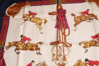 Hermes Vintage Jumping by Ledoux White/Navy/Red 100% AUTHENTIC Scarf