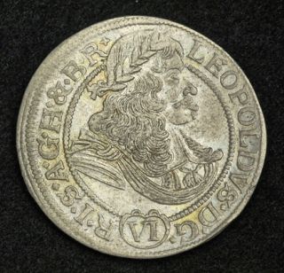 1673, Emperor Leopold I the Hogmouth. Silver 6 Kreuzer Coin. Breslau