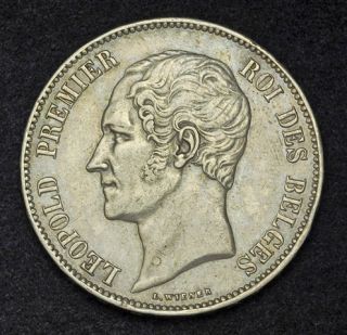 1865 Belgium Leopold I Large Silver 5 Francs Coin XF