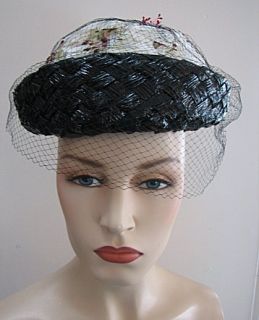 Vintage Ladies Black Raffia Floral Hat Veil 700