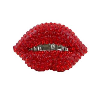 Kiss Lips Ring Stretch Red Crystals Kissy Silver Tone Large Oversize