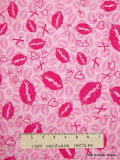Treasures Fabric Valentines Day Lips Hearts Pink Cotton Yards
