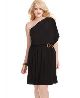 Love Squared Plus Size Dress, Short Batwing Sleeve Belted One Shoulder