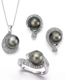 14k White Gold Necklace, Cultured Tahitian Pearl (12 13mm) and Diamond
