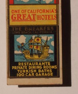1930s Matchbook The Breakers Hotel Baths Long Beach CA