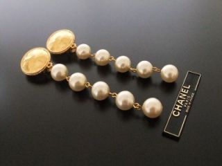 Authentic Chanel Vintage Pearl Drop Long Clip Earrings