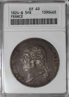 ANACS XF 40 France Silver 5 Francs Louis XVIII Rouen Mint