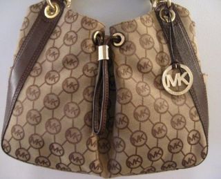 Michael Kors Ludlow Large Shoulder Bag Mocha Monogram Leather Trim New