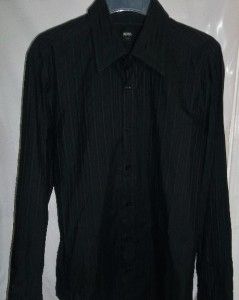 Hugo Boss Lucas Fitted Cotton Black on Black Stripes Dress Shirt Sz