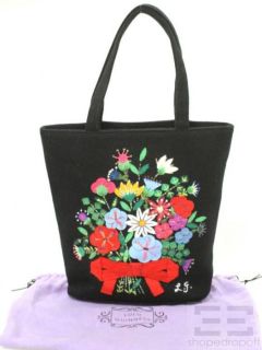Lulu Guinness Black Multicolor Felted Wool Floral Applique Tote Bag