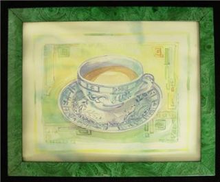 Lucy Davies Water Color Lithograph Blue China Cup Framed No LV 6236