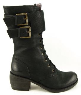 Luxury Rebel Lady Dee Black Lace Up Buckled Womens Motorcycle Boots 6