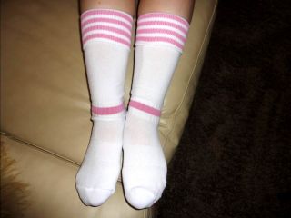 Well Worn Used Thick Pink White Knee Hi Socks ♪ Private Auction