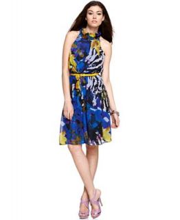 M60 Miss Sixty Dress, Sleeveless Belted Floral Animal Printed