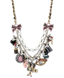 Betsey Johnson Necklace, Gold Tone Glass Accent Multi Charm Frontal