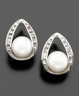 14k White Gold Cultured Freshwater Pearl & Diamond Accent Earrings