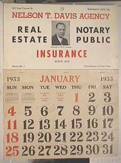 1953 Nelson T Davis Agency Calendar Mahanoy City PA