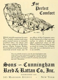 1930 Ad Sons Cunningham Reed Rattan Furniture Wheel Chaise Rocker