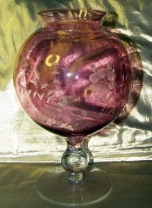 Cranberry Bubble Glass Vase 8 Tall Pretty Pink Etched Floral EUC