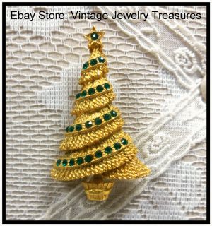 Vintage Mamselle Green Rhinestone Gold Christmas Tree Pin