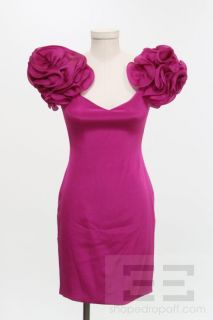 Marchesa Notte Fuchsia Pink Shoulder Ruffle V Neck Dress