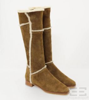 Manolo Blahnik Brown Suede Seamed Shearling Zip Up Flat Boots Size 38