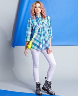 Fire Plaid Top, Tinseltown Colored Skinny Jeans, Dr. Martens Combat