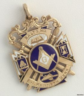 Vintage Multi Symbol Blue Lodge Enameled Fob 14k Yellow Gold Masons 11