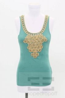 Matthew Williamson Teal Jersey Gold Crystal Beaded Front Top Size 10