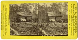 American Couple by Wooded Log Home Stereoview, H. L. Hastings, Boston