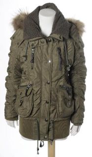Cecil McBee Army Green Faux Fur Cinched Pocket Embellished Bomber Coat