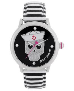 Betsey Johnson Watch, Womens Black and White Leather Strap 41mm