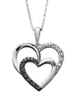Sterling Silver Necklace, Black and White Diamond Double Heart Pendant